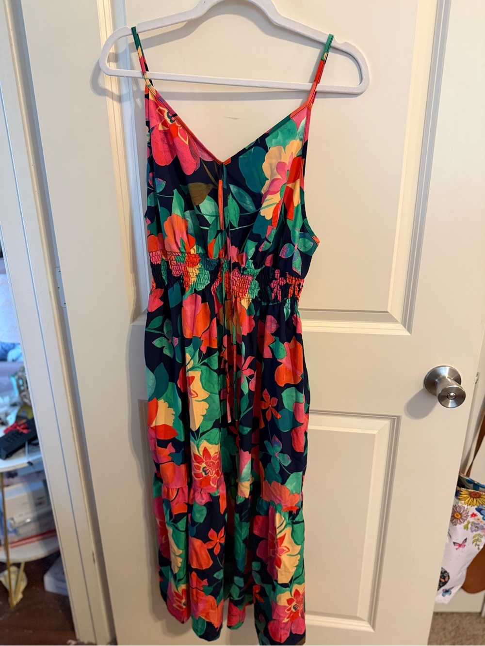 Tropical Floral Midi Dress in Navy with Bright Florals
